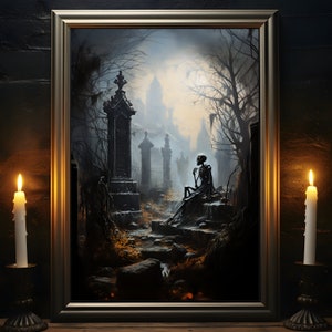 Pensamientos del hombre muerto, cartel de esqueleto, impresión del cementerio, arte de la pared del cementerio, romance gótico, decoración del hogar oscuro, academia oscura, regalo gótico imagen 1