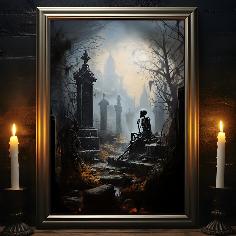 Pensamientos del hombre muerto, cartel de esqueleto, impresión del cementerio, arte de la pared del cementerio, romance gótico, decoración del hogar oscuro, academia oscura, regalo gótico imagen 1