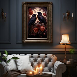 May include: A framed painting of two black ravens perched on a branch with red roses and a full moon in the background.