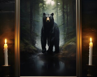Black Bear Print, Forest Wall Art, Forest Art Print, Bear Art, Wildlife Painting, Oil Painting Print, Gift For Bear Lovers, Animal Poster,