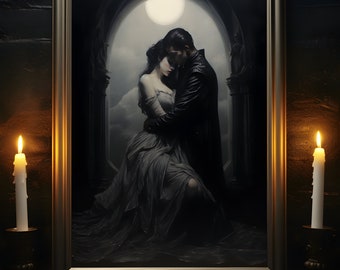 Amor lunar, cartel de romance gótico, impresión de cartel de arte, decoración gótica del hogar, romance gótico, impresión de arte de parejas, cartel de arte oscuro, academia oscura