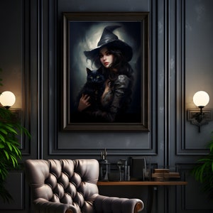 May include: A framed painting of a woman in a witch's hat holding a black cat. The woman has long dark hair and is wearing a dark dress. The background is a dark forest with a full moon in the sky.
