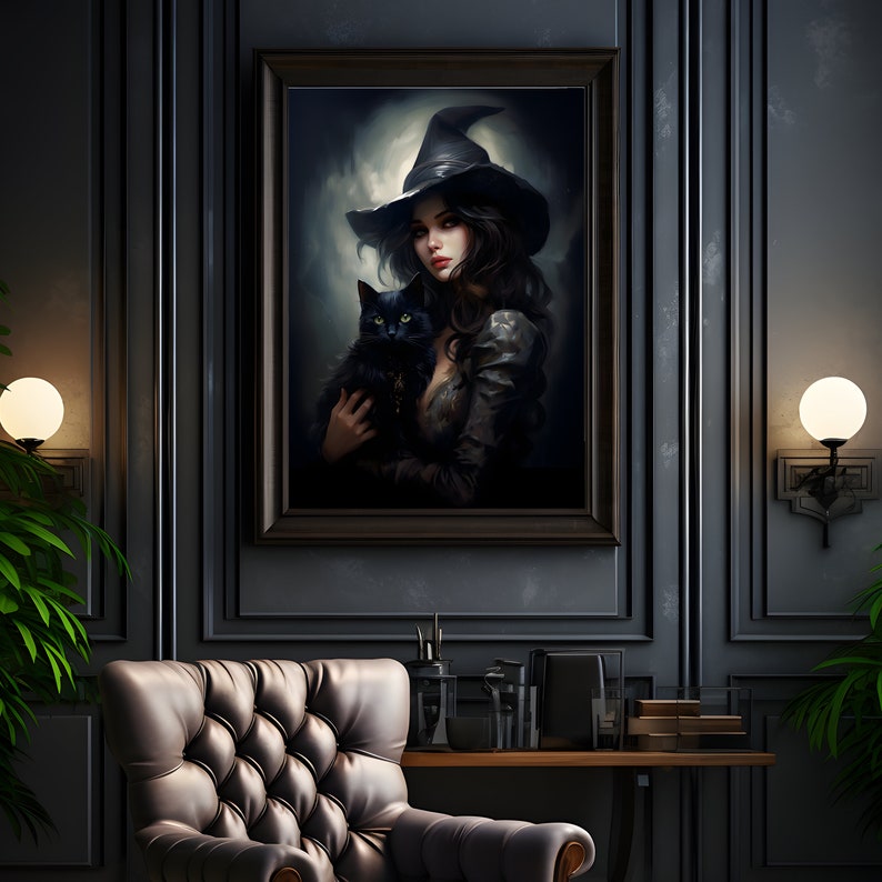 May include: A framed painting of a woman in a witch's hat holding a black cat. The woman has long dark hair and is wearing a dark dress. The background is a dark forest with a full moon in the sky.