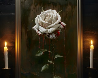 May include: A white rose with red dripping paint, set against a dark background. The rose is in a framed painting.