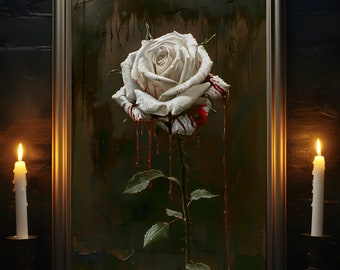 Blood Stained White Rose Print, Gothic Flower Poster, Dark Floral Painting, Dark Academia, Gothic Romance, Housewarming Gift Idea For Goth