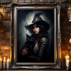 May include: A framed painting of a woman wearing a black witch hat and holding a black cat. The woman has long dark hair and is wearing a dark dress. The background is a dark, moody scene.
