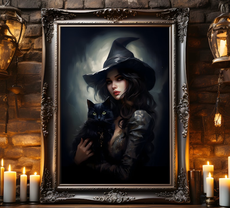 May include: A framed painting of a woman wearing a black witch hat and holding a black cat. The woman has long dark hair and is wearing a dark dress. The background is a dark, moody scene.