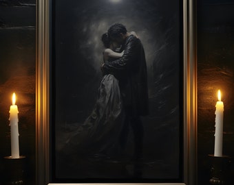 Impresión de abrazo a la luz de la luna, cartel de romance gótico, impresión de cartel de arte, decoración gótica del hogar, romance gótico, impresión de arte de parejas, cartel de arte oscuro