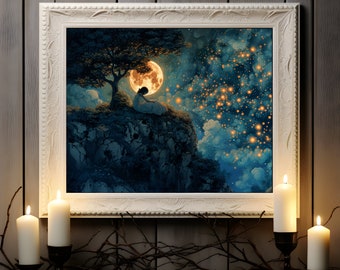 Celestial Starry Sky Poster, Enchanting Fantasy Landscape, Ethereal Painting, Moon and Stars Wall Art, Gift for Children's Bedroom