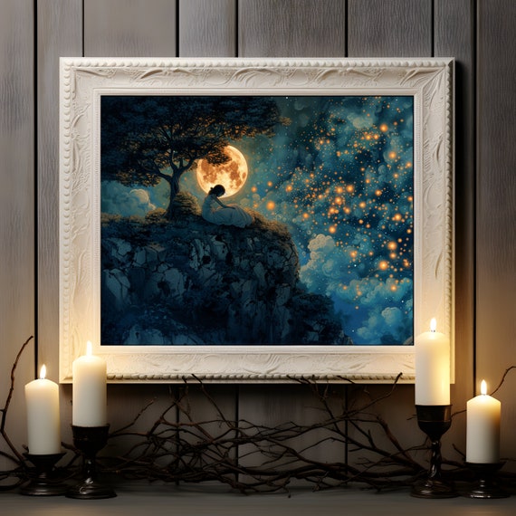 Celestial Starry Sky Poster, Enchanting Fantasy Landscape, Ethereal Painting, Moon and Stars Wall Art, Gift for Children's Bedroom