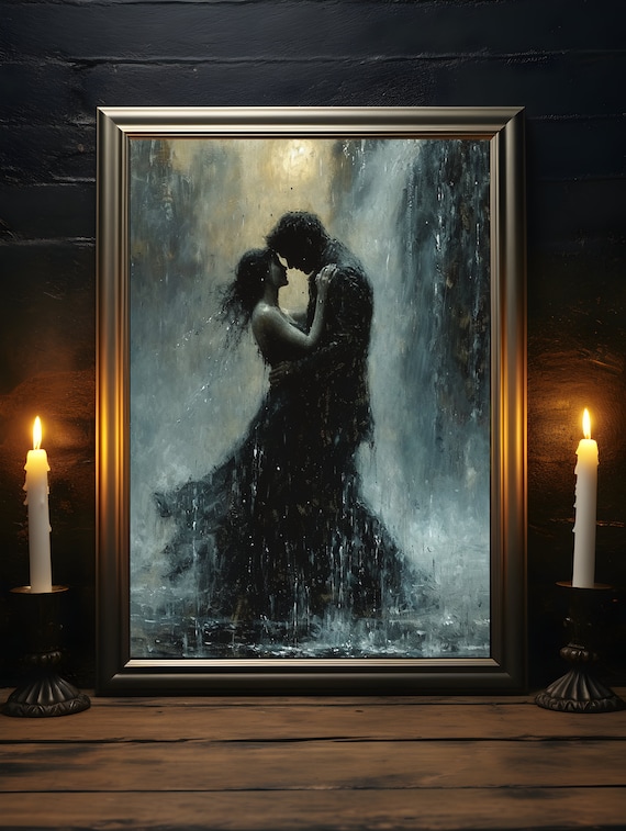 Romantic Poster, Dark Moody Painting, Waterfall Embrace Print, Gift For Couples, Gothic Romance Wall Art, Goth Wall Decor, Dark Academia
