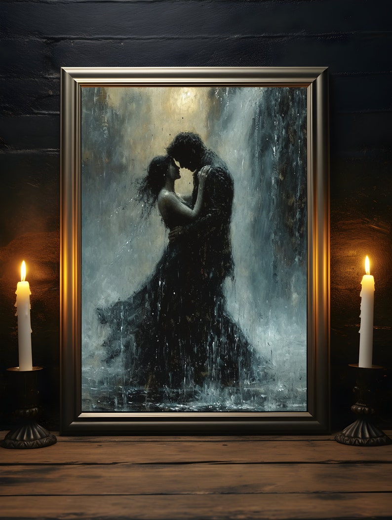 May include: A framed painting of a couple embracing in the rain. The painting is done in a dark, moody style with a focus on the couple's silhouettes. The background is a blurry, abstract depiction of a waterfall.