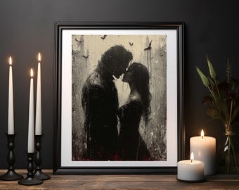 May include: A black and white painting of a couple kissing in the rain. The painting is framed in a black frame and is set against a dark background.