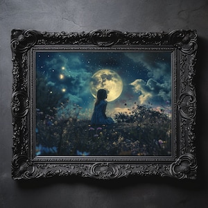Impresión de arte Dreamland, cartel de cielo estrellado, paisaje de fantasía encantador, pintura etérea, arte de pared de luna y estrellas, regalo para dormitorio de niños