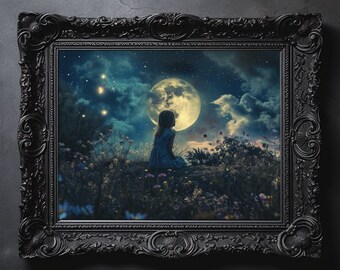 Dreamland Art Print, Starry Sky Poster, Enchanting Fantasy Landscape, Ethereal Painting, Moon and Stars Wall Art, Gift for Children Bedroom