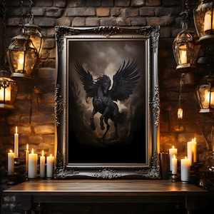 Dark Pegasus, griechische Mythologie Kunst, geflügeltes Pferd, Dark Fantasy Poster, Dark Academia, Pegasus Wandkunst, Gothic Fantasy, Gothic Fantasy