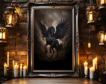 Dark Pegasus, Greek Mythology Art, Winged Horse, Dark Fantasy Poster, Dark Academia, Pegasus Wall Art, Gothic Fantasy, Gothic Fantasy