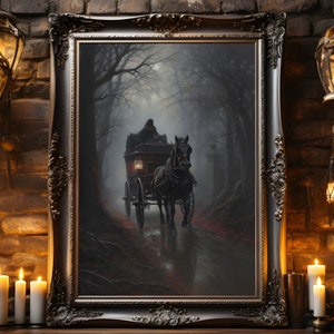 Horse Drawn Carriage, &quot;Midnight Carriage Ride&quot;, Victorian Print, Gothic Poster, Vintage Oil Painting, Gothic Wall Art, Dark Academia,