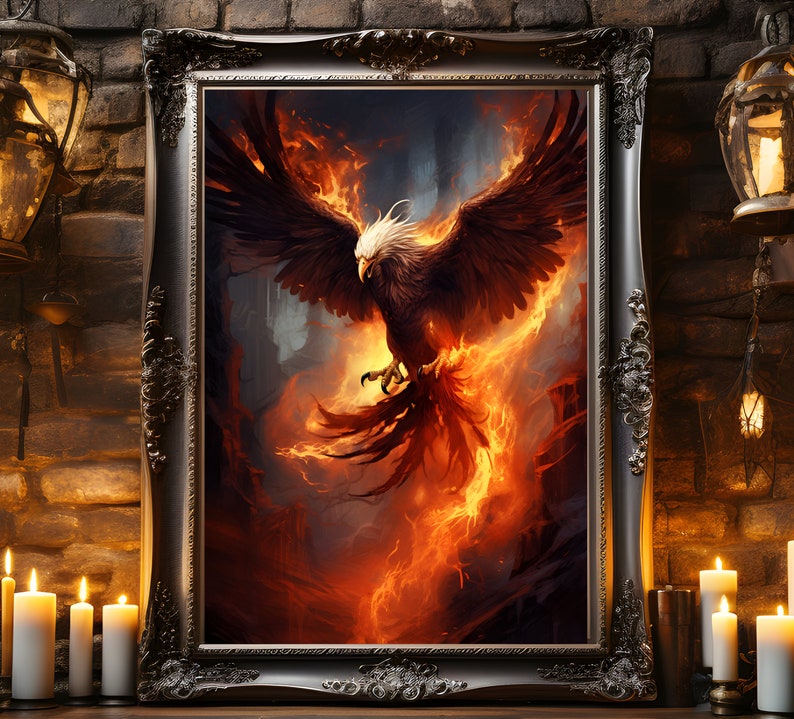 May include: A framed artwork depicting a phoenix rising from flames. The bird has a white head and a body of red, orange, and brown hues. The ornate frame is dark gray. The artwork is displayed in a room with candles and lanterns.
