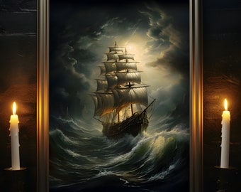 Sailing Ship In A Storm, Ship Oil Painting Print, Nautical Art, Art Poster Print, Home Decor, Seascape Painting