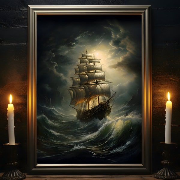 Voilier dans une tempête, impression de peinture à l'huile de bateau, art nautique, impression d'affiche d'art, décoration d'intérieur, peinture de paysage marin