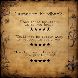 May include: Customer feedback on a product with five-star ratings. The text reads "Item looks beautiful in my new house", "Could not be better item is perfect in every way", and "Lovely item. Classical art and great print".