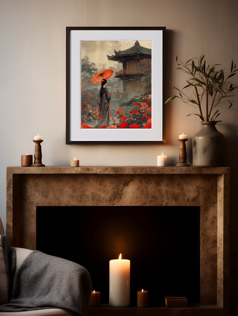 May include: A framed print depicting a woman in a traditional Japanese kimono walking through a garden with a red umbrella. The garden is filled with red flowers and a pagoda in the background.