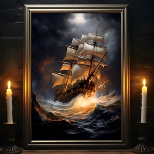 Peut inclure: Une peinture encadrée représentant un navire naviguant sur une mer agitée sous une pleine lune. Le navire a des voiles blanches et une coque sombre, et les vagues se brisent autour de lui. La peinture est sur fond de ciel bleu foncé avec des nuages.