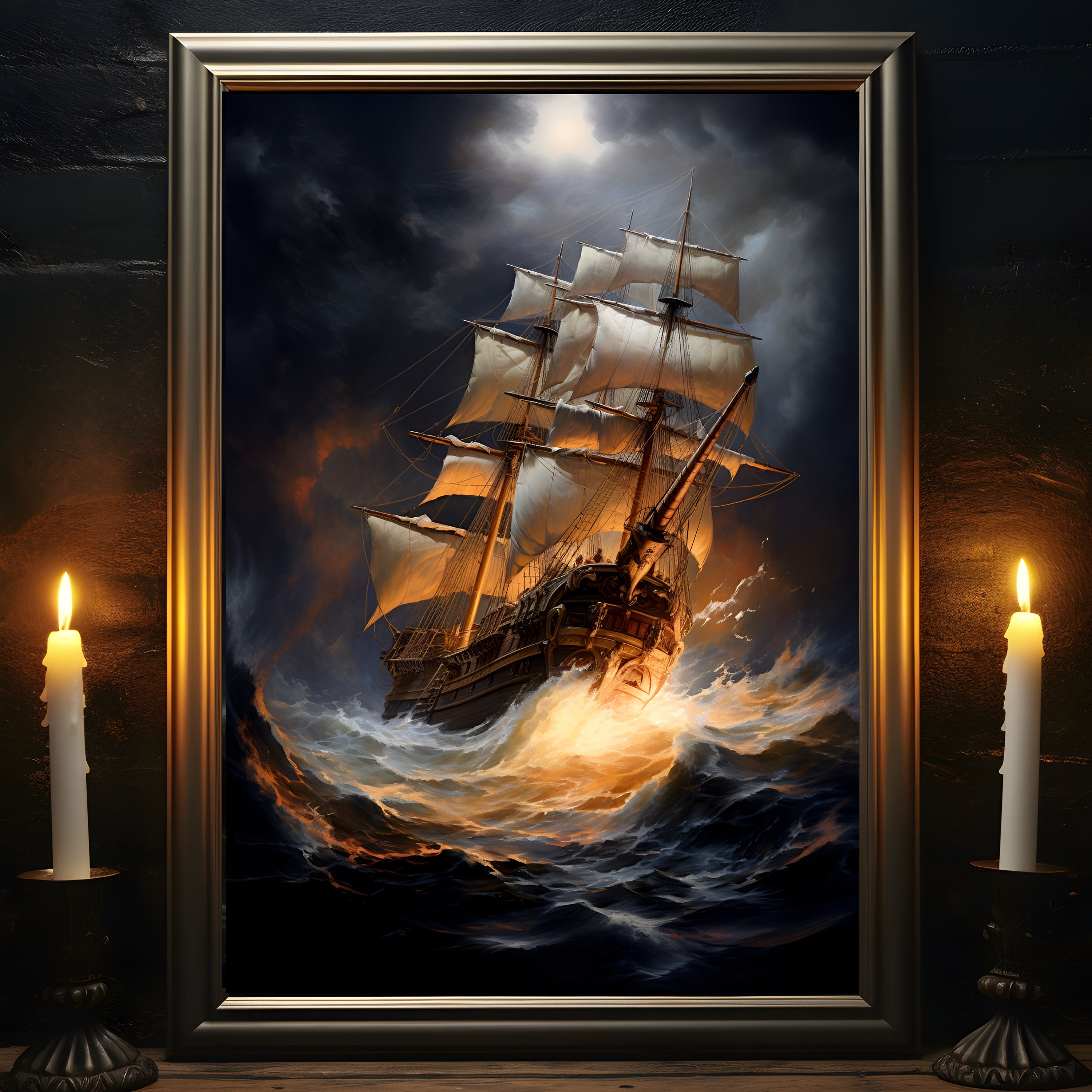 Sailing Ship in A Storm, Ship Oil Painting Print, Nautical Art