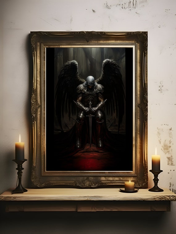 Gothic Warrior Angel Print, Dark Academia Poster, Gothic Oil Painting, Goth Wall Art, Dark Home Decor, Gift Idea For Goth, Housewarming Gift