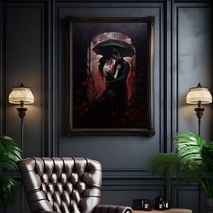 May include: A framed painting depicting a couple standing under an umbrella in a dark woodland setting. The woman is wearing a black dress and the man is wearing a black suit. The background is filled with red flowers.