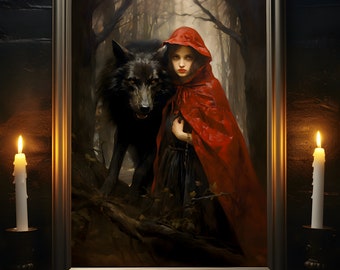 Little Red Riding Hood Print, Big Bad Wolf, Red Riding Hood Poster, Fairy Tale Art Print, Vintage Art Print, Oil Painting Print