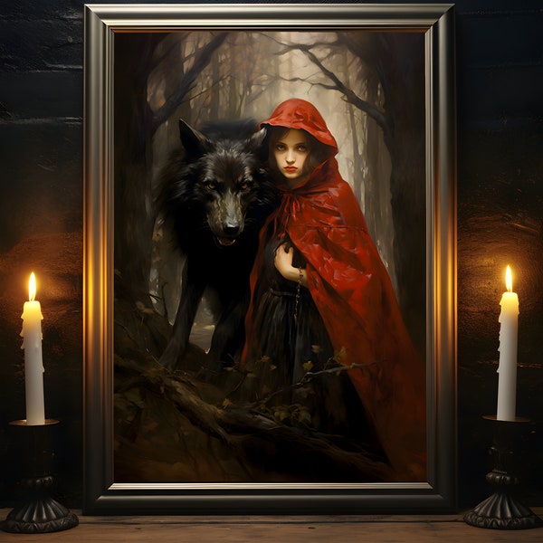 Little Red Riding Hood Print, Big Bad Wolf, Red Riding Hood Poster, Fairy Tale Art Print, Vintage Art Print, Oil Painting Print