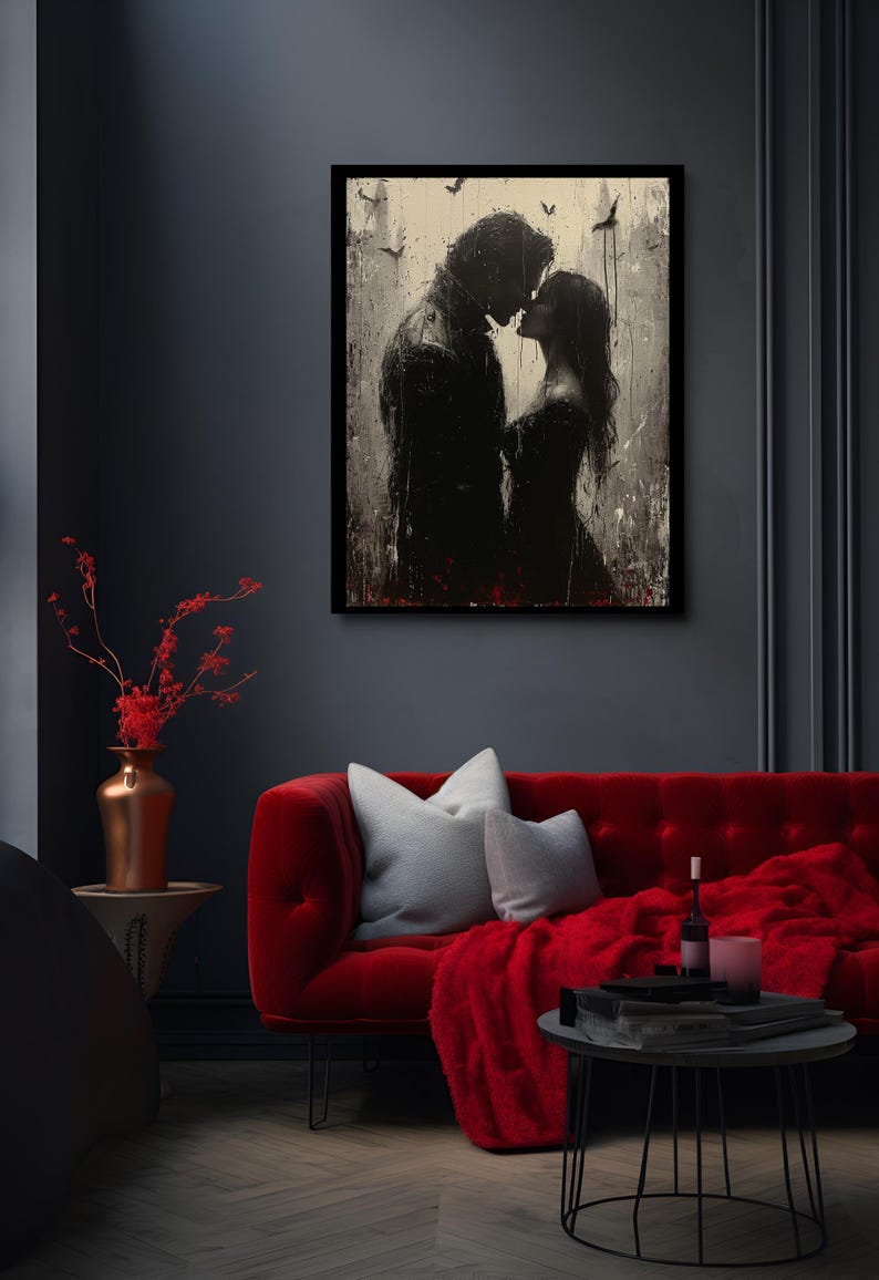 A Gothic Rendezvous, Dark Romance, Gothic Valentines, Gothic Gift, Dark Home Decor, Gothic Wall Art, Art Print, Vampire Poster, Gothic Art image 2