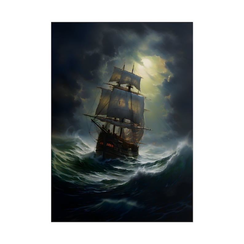 Sailing Ship in a Storm, Ship Oil Painting Print, Art Poster Print, Vintage poster, Home Decor, Seascape painting image 3