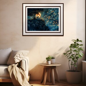 May include: A framed print of a painting depicting a person sitting on a cliff under a full moon with a starry sky in the background.