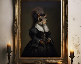 Cute Squirrel Painting, Victorian Animal Portrait, Gothic Home Decor, Quirky Animal Wall Art, Gift for Animal Lover, Housewarming Gift