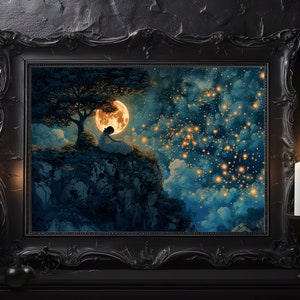 May include: A framed painting depicting a woman sitting on a cliff overlooking a starry night sky. The moon is full and bright, casting a warm glow on the scene. The woman is silhouetted against the moon, and her hair is flowing in the wind. The sky is filled with twinkling stars, and the clouds are a deep blue. The painting is set against a dark background, and the frame is ornate and black.