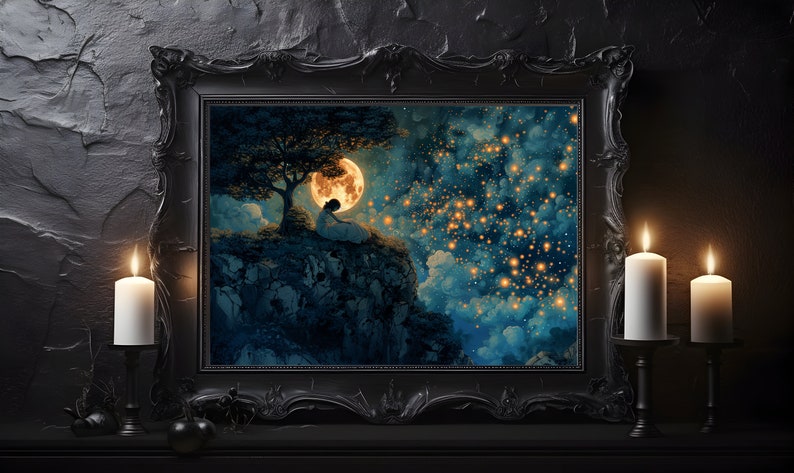 May include: A framed painting depicting a woman sitting on a cliff overlooking a starry night sky. The moon is full and bright, casting a warm glow on the scene. The woman is silhouetted against the moon, and her hair is flowing in the wind. The sky is filled with twinkling stars, and the clouds are a deep blue. The painting is set against a dark background, and the frame is ornate and black.