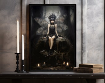 Musa mistica della foresta, Fata gotica dai capelli d'argento, Accademia oscura, Arte incantata, Stampa pittorica, Arte della parete gotica, Decorazione per la casa scura
