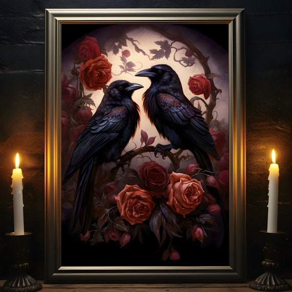Ravens Poster, Gothic Rose Print, Edgar Allen Poe, Vintage Oil Painting style, Gothic Romance, Dark Home Wall Art, Gothic Gift For