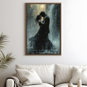 May include: A painting of a couple embracing in the rain. The man is wearing a dark suit and the woman is wearing a long black dress. The background is a dark, stormy sky with a waterfall in the distance.