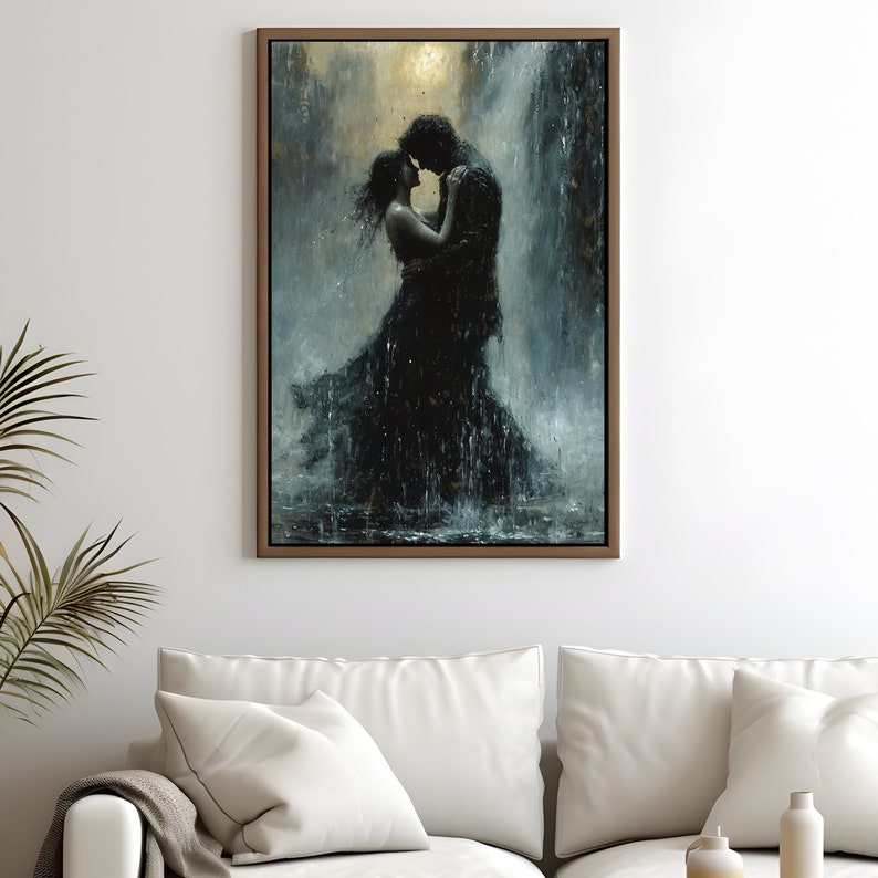 May include: A painting of a couple embracing in the rain. The man is wearing a dark suit and the woman is wearing a long black dress. The background is a dark, stormy sky with a waterfall in the distance.