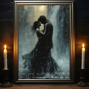 Romantic Poster, Dark Moody Painting, Waterfall Embrace Print, Gift For Couples, Gothic Romance Wall Art, Goth Wall Decor, Dark Academia