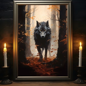 Wolf Poster, Herbstwald Druck, Wald Wandkunst, Herbstblätter, Gothic Wohnkultur, Wolf Ölgemälde Print, Gothic Geschenk für