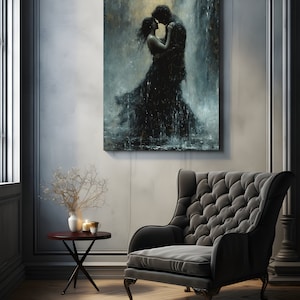May include: A painting of a couple embracing in the rain. The man is wearing a dark suit and the woman is wearing a long, flowing dress. The background is a blurry image of a waterfall.