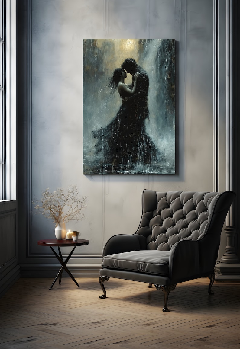 May include: A painting of a couple embracing in the rain. The man is wearing a dark suit and the woman is wearing a long, flowing dress. The background is a blurry image of a waterfall.