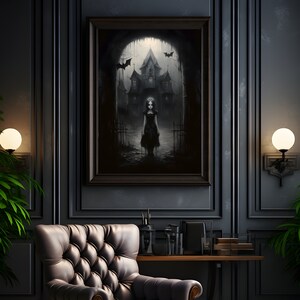 May include: A framed black and white illustration of a young girl standing in front of a spooky house with bats flying overhead. The house has a pointed roof and windows with glowing lights. The girl is wearing a long black dress and has long dark hair.