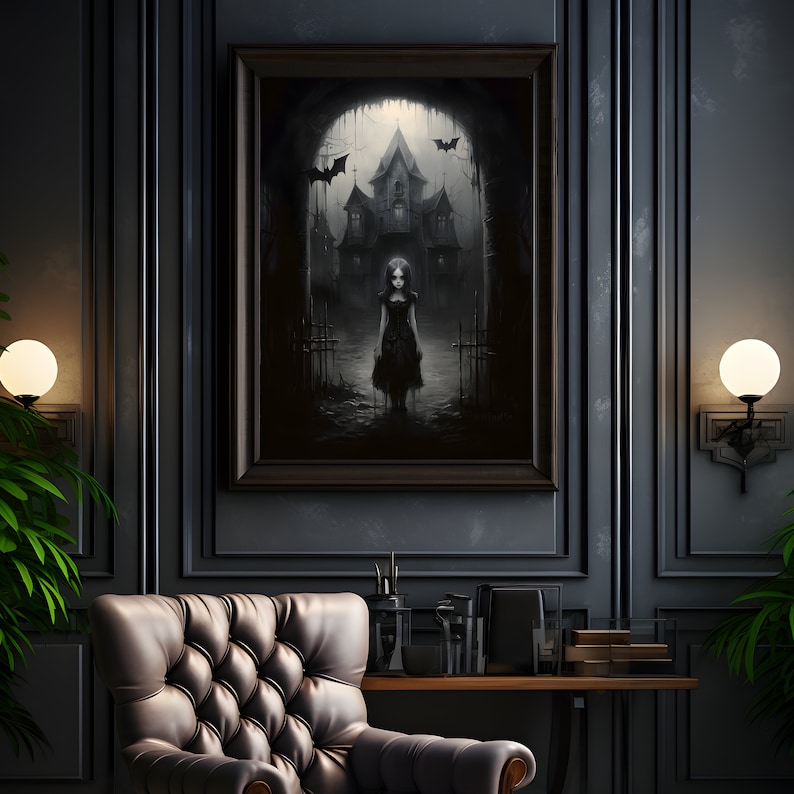 May include: A framed black and white illustration of a young girl standing in front of a spooky house with bats flying overhead. The house has a pointed roof and windows with glowing lights. The girl is wearing a long black dress and has long dark hair.
