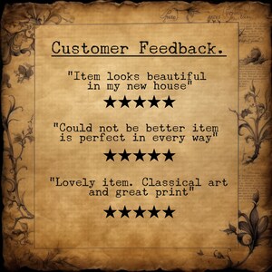 Op de afbeelding: Een papier in vintage-stijl met de tekst "Customer Feedback" en klantbeoordelingen. De beoordelingen bevatten zinnen als "Item looks beautiful" en "Lovely item". Elke beoordeling wordt vergezeld van een vijfsterrenbeoordeling.